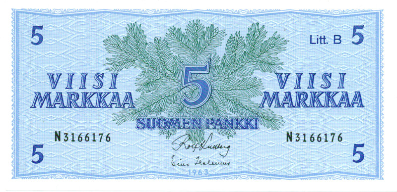5 Markkaa 1963 Litt.B N3166176 kl.8-9